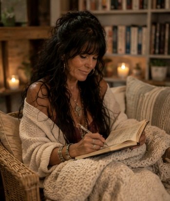 Maureen Steele writing in a journal on a wicker chair, wrapped in a knit blanket with candles and books behind her